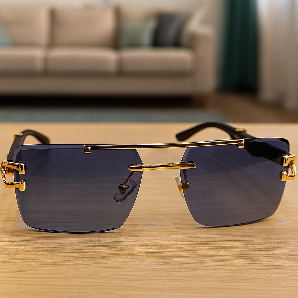  Meeran Jaguar sunglasses with blue lenses and a black/gold frame, featuring UV protection